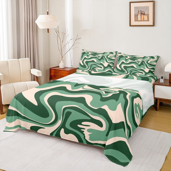 Feelyou Fashion Camo Camouflage Twin Sheet Sets, Green Stripe Abstract Ombre Twin Fitted Sheet, Teens Kids Boys Girls Flat Sheet, Lightweight Room Decor, 3 Pieces