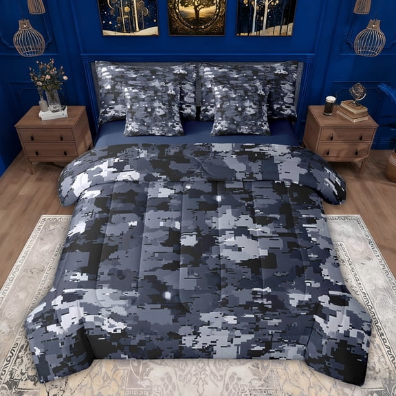 Feelyou Fashion Camo Twin Bedding Sets 7-Piece for Teens, Chic Camouflage Bedding Comforter Set, Blue Square Abstract Reversible Sheet Sets, Luxury Bedroom Decor