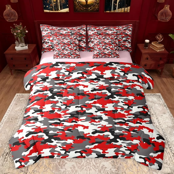 Feelyou Fashion Camouflage Teens Bedding Comforter Set 7 Pieces, Red Square Abstract Full Bedding Set, Modern Camo Print Reversible Fitted Sheet Flat Sheet, Breathable Home Decor