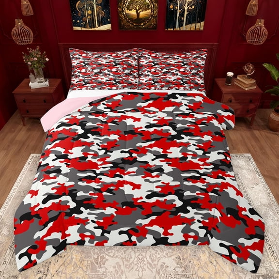 Feelyou Fashion Camouflage Teens Queen Comforter Set, Red Square Abstract Bedding Sets, Modern Camo Print Reversible Bedding Comforter Set, Breathable Home Decor, 3 Pieces