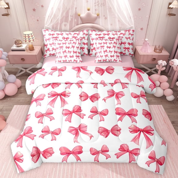 Feelyou Fashion Cartoon Bow Bedding Comforter Set 7pcs, Cute Princess Ribbon King Bedding Sets, Pink Butterfly Knot Reversible Bed Sheets, Microfiber Bedroom Decor