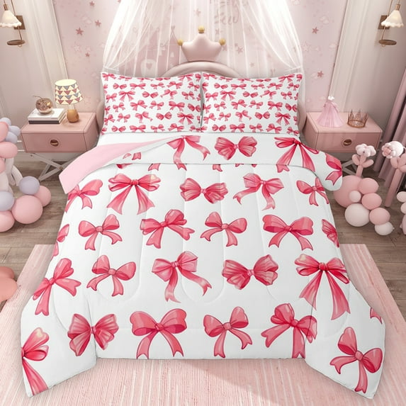 Feelyou Fashion Cartoon Bow Queen Comforter Set, Cute Princess Ribbon Bedding Sets, Pink Butterfly Knot Reversible Bedding Comforter Set, Microfiber Bedroom Decor, 3-Piece