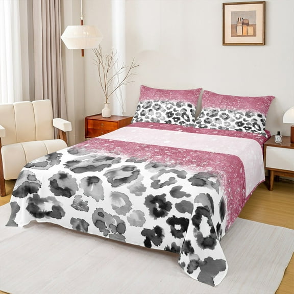 Feelyou Fashion Cheetah Print Bed Sheets, Pastel Sequin Print King Sheets, Teens Adult Women Girls Sheet Set, Lightweight Room Decor, 4-Piece