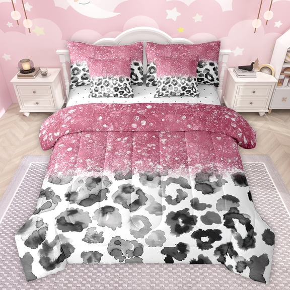 Feelyou Fashion Cheetah Print Bedding Comforter Set 7pcs, Pastel Sequin Print King Bedding Sets, Teens Adult Women Girls Bed Sheets, Lightweight Room Decor