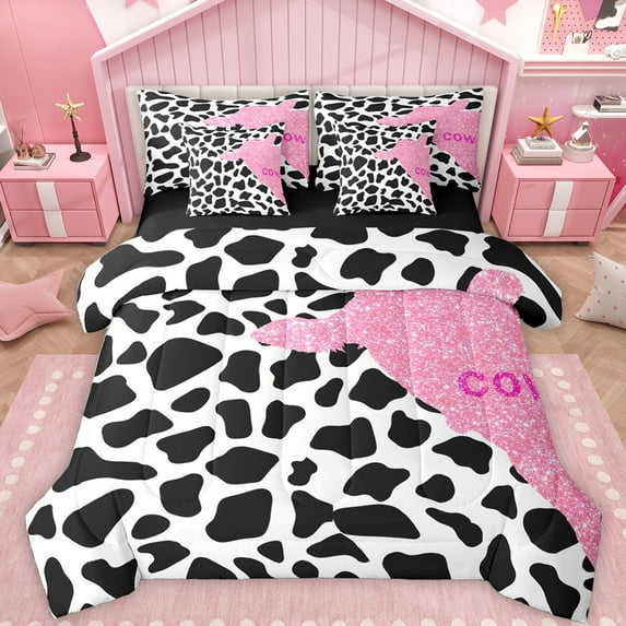 Feelyou Fashion Cow Print Bedding Comforter Set 7 Pieces for Teens, Pink Glitter Cow Full Bedding Set, Chic Art Polkadots Reversible Fitted Sheet Flat Sheet, Ultra Soft Bedroom Decor