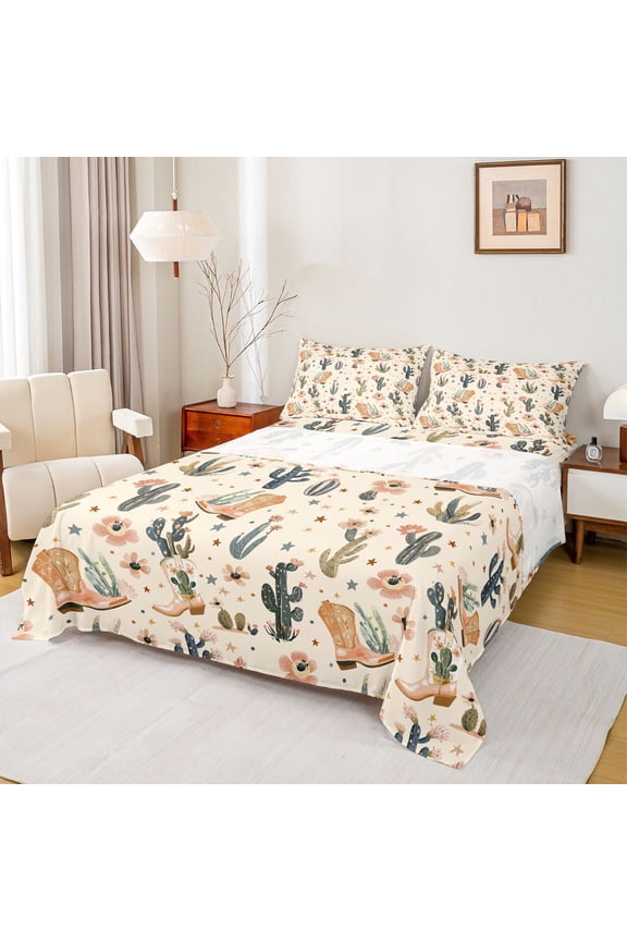Fashion Cowboy Boot Queen Sheet Sets, Western Floral Cactus Bed Set, 4pcs