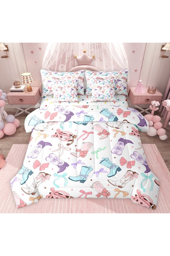 Fashion Cowgirl Boot Bedding Comforter Set 7pcs, Princess Bowknot Ribbon King Bedding Sets, Cartoon Stars Print Reversible Bed Sheets, Luxury Bedroom Decor