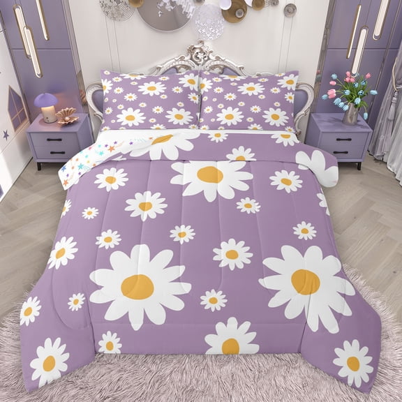 Feelyou Fashion Floral Flower Bedding Comforter Set for Kids, Farmhouse Groovy Daisy Twin Comforter Sets, Dreamy Cartoon Purple Reversible Bedding Set, Super Cozy Room Decor, 2pcs