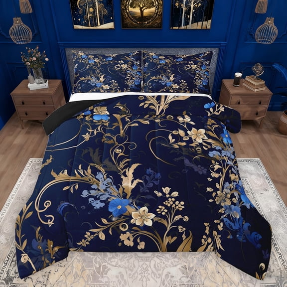Feelyou Fashion Flower Floral Queen Comforter Set, Vintage Blue Gold Bedding Sets, Teens Adult Girls Women Reversible Bedding Comforter Set, Luxury Bedroom Decor, 3-Piece