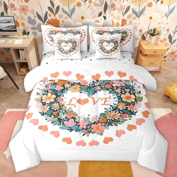 Feelyou Fashion Flower Floral Twin Bedding Sets 7-Piece for Teen, Cartoon Love Heart Bedding Comforter Set, Romantic Valentine's Day Reversible Sheet Sets, Luxury Bedroom Decor