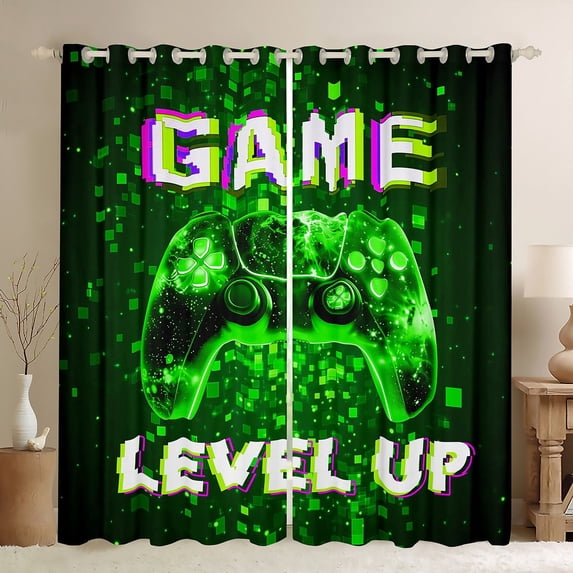 Feelyou Fashion Game Console Black Out Curtains, Futuristic Green Square Curtains Pack of 2 (42x63 Each), Teens Kids Boys Girls Bedroom Curtains, Blackout Curtains Bedroom Decor