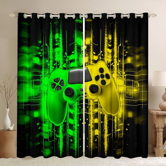 Feelyou Fashion Game Console Black Out Curtains for Kids, Green Gold Stripes Abstract Curtains Pack of 2 (42x63 Each), Video Game Controller Bedroom Curtains, Black Out Curtains Decor
