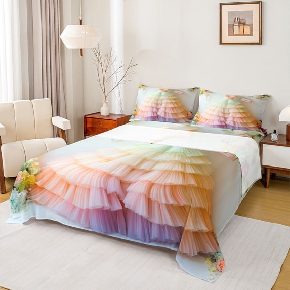 Feelyou Fashion Girl Dress Full Size Sheets, Dreamy Princess Style Bed Sheets, Chic Flower Floral Sheet Sets, Super Cozy Room Decor, 4pcs