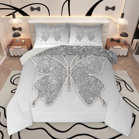 Feelyou Fashion Glitter Butterfly Queen Comforter Set, Grey Sequin Print Bedding Sets, Teens Kids Boys Girls Reversible Bedding Comforter Set, Ultra Soft Bedroom Decor, 3 Pieces