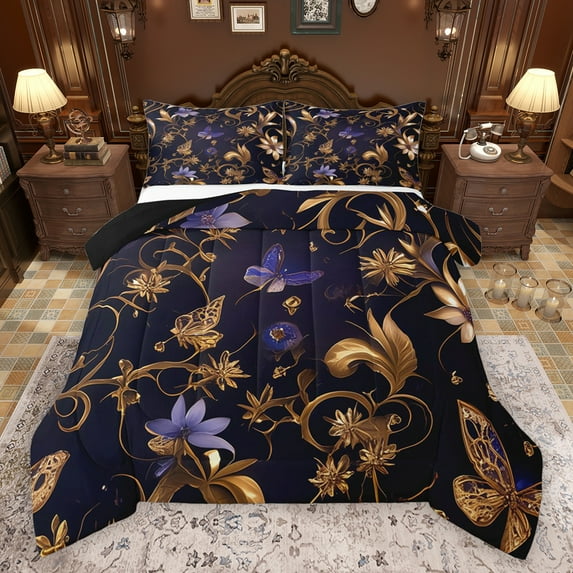 Feelyou Fashion Gold Leaf Bedding Comforter Set, Mystic Romantic Butterfly Twin Comforter Sets, Retro Flower Reversible Bedding Set, Microfiber Bedroom Decor, 2pcs