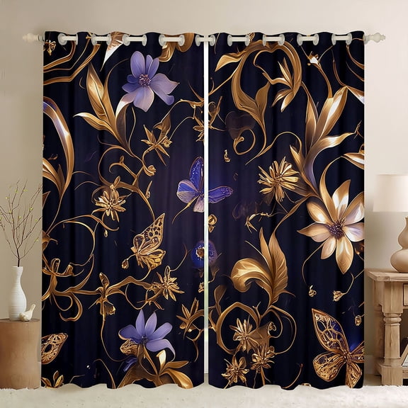 Feelyou Fashion Gold Leaf Blackout Curtains Set of 2 (52x84 Each), Mystic Romantic Butterfly Window Curtains, Retro Flower Curtains and Drapes, Window Curtains Bedroom Decor