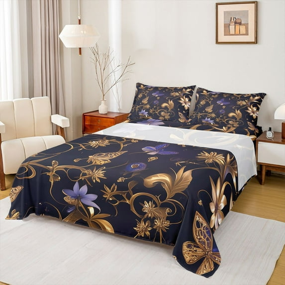 Feelyou Fashion Gold Leaf Full Size Sheets, Mystic Romantic Butterfly Bed Sheets, Retro Flower Sheet Sets, Microfiber Bedroom Decor, 4pcs