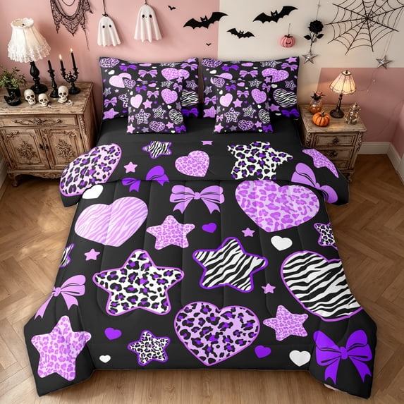 Feelyou Fashion Halloween Cartoon Full Size Bedding Sets, Spooky Zebra Print Bow Full Size Bed in a Bag, Purple, Black Reversible, 7-Piece