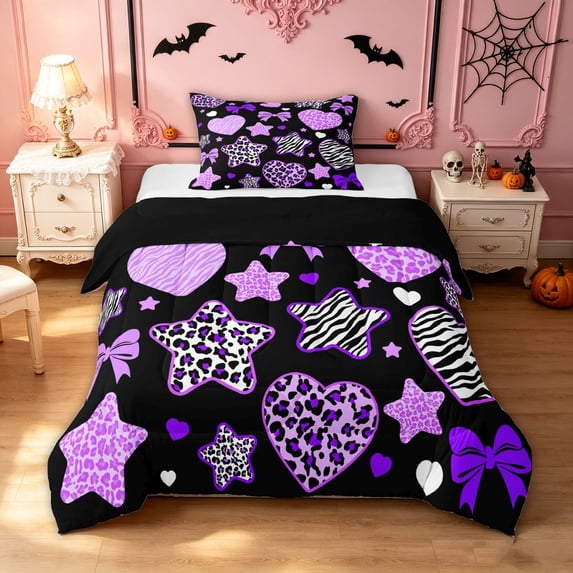 Feelyou Fashion Halloween Cartoon Twin Comforter Sets, Spooky Zebra Print Bow Bedding Set, Purple, Black Reversible, 2-Piece, 1 Comforter and 2 Pillowcases