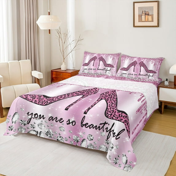 Feelyou Fashion High Heel Queen Sheet Sets for Women, Glitter Stars Diamond Flat Sheet, Leopard Cheetah Print Queen Fitted Sheet, Luxury Bedroom Decor, 4pcs