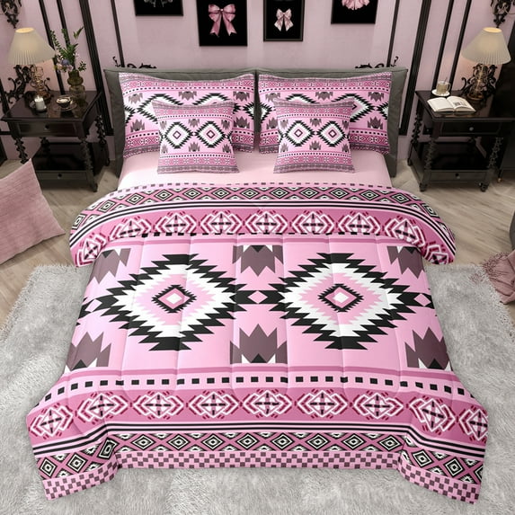 Feelyou Fashion Hippie Aztec Twin Bedding Sets 7-Piece for Men, Pink Stripe Triangle Bedding Comforter Set, Mandala Bohemian Cowgirl Reversible Sheet Sets, Lightweight Room Decor