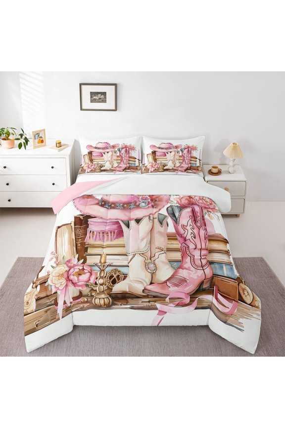 Fashion Hippie Boot Queen Comforter Set, Western Books Hat Bedding Set, 3pcs