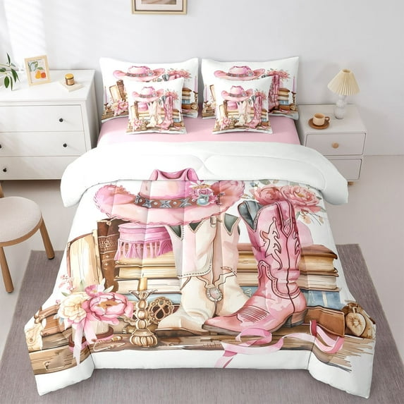 Feelyou Fashion Hippie Boot Twin Bedding Sets 7pcs, Western Books Hat Comforter Set