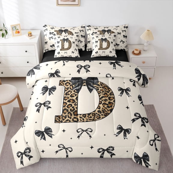 Feelyou Fashion Initial D Bedding Comforter Set 7pcs, Bow Cheetah Print King Bedding Sets