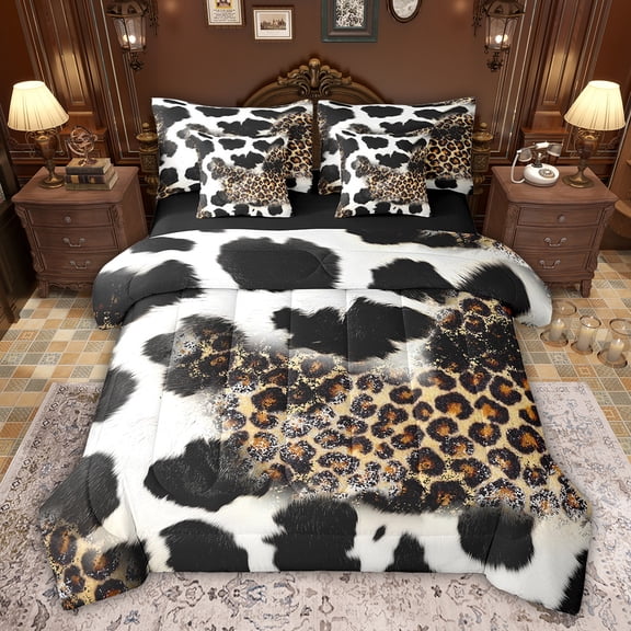 Feelyou Fashion Leopard Print Bedding Comforter Set 7pcs, Cow Cheetah Animal King Bedding Sets, Rustic Farmhouse Reversible Bed Sheets, Lightweight Room Decor