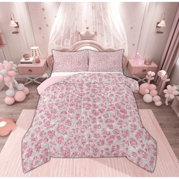 Feelyou Fashion Leopard Print Bedding Comforter Set for Kids, Cartoon Cheetah Animal Twin Comforter Sets, Pink Princess Style Reversible Bedding Set, Breathable Home Decor, 2-Piece