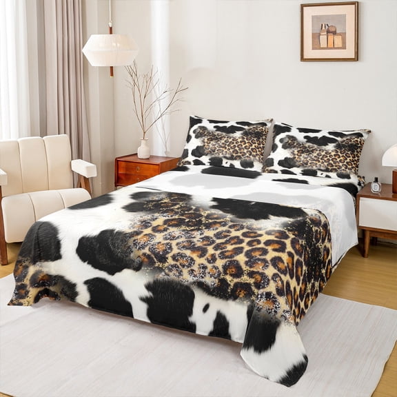 Feelyou Fashion Leopard Print Full Size Sheets, Cow Cheetah Animal Bed Sheets, Rustic Farmhouse Sheet Sets, Lightweight Room Decor, 4 Pieces