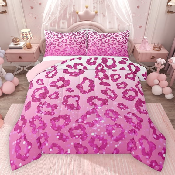 Feelyou Fashion Leopard Print Kid Twin Comforter Sets, Pink Sequin Print Bedding Set, 2pcs
