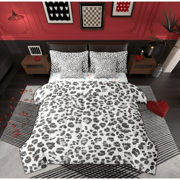 Feelyou Fashion Leopard Print Twin Bedding Sets 7-Piece for Kids, Cartoon Cheetah Animal Bedding Comforter Set, Grey Polka Dots Reversible Sheet Sets, Ultra Soft Home Decor