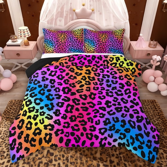 Feelyou Fashion Leopard Print Twin Comforter Sets, Rainbow Polkadots Bedding Set, 2pcs