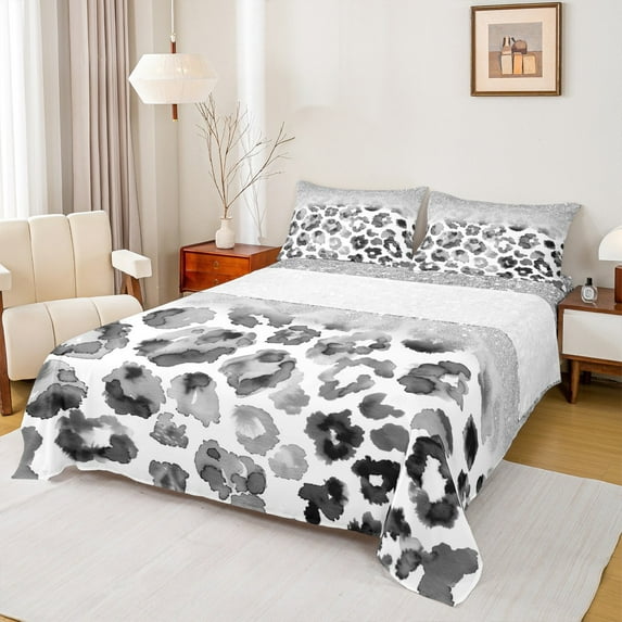 Feelyou Fashion Leopard Print Twin Sheet Sets for Women, White Grey Wartercolor Twin Fitted Sheet, Sequin Print Flat Sheet, Lightweight Room Decor, 3-Piece