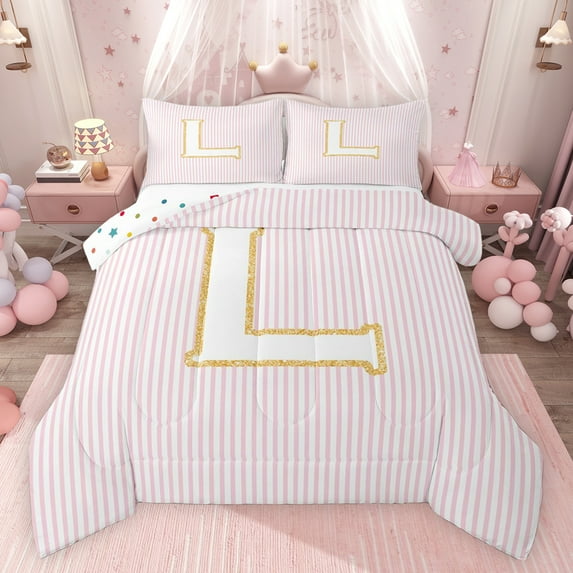 Feelyou Fashion Letter L Bedding Comforter Set for Girl, Cute Cartoon Monogrammed Twin Comforter Sets, Chic Abstract Ombre Reversible Bedding Set, Lightweight Room Decor, 2pcs