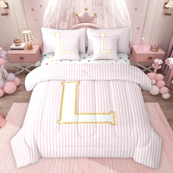 Feelyou Fashion Letter L Twin Bedding Sets 7-Piece for Girl, Cute Cartoon Monogrammed Bedding Comforter Set, Chic Abstract Ombre Reversible Sheet Sets, Lightweight Room Decor