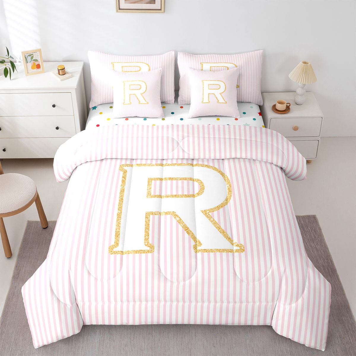Feelyou Fashion Letter R Bedding Comforter Set 7pcs for Girl, Cute ...