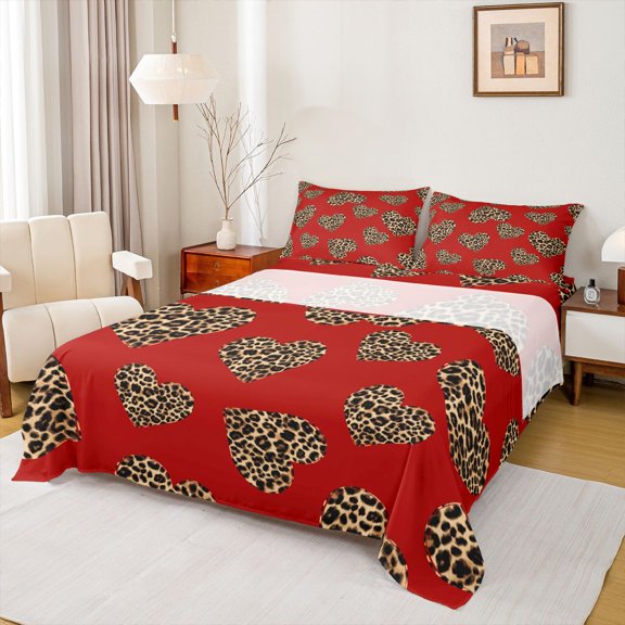 Feelyou Fashion Love Heart Full Size Sheets, Romantic Leopard Print Bed Sheets, 4-Piece