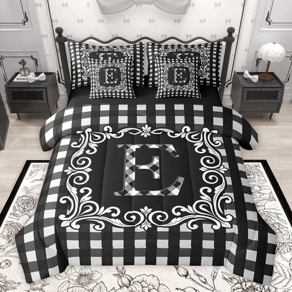 Feelyou Fashion Monogrammed E Bedding Comforter Set 7pcs for Teen, Bohemian Western Flower King Bedding Sets, Square Abstract Reversible Bed Sheets, Luxury Bedroom Decor