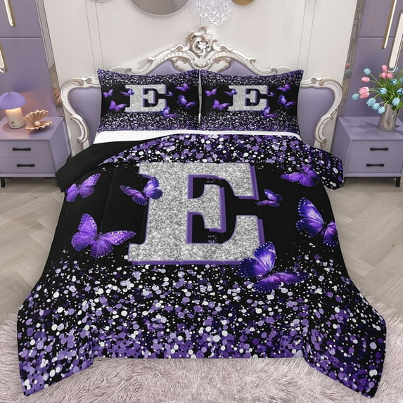 Feelyou Fashion Monogrammed E Queen Comforter Set, Bling Butterfly Animal Bedding Sets, Black Purple Sequin Print Reversible Bedding Comforter Set, Breathable Home Decor, 3-Piece