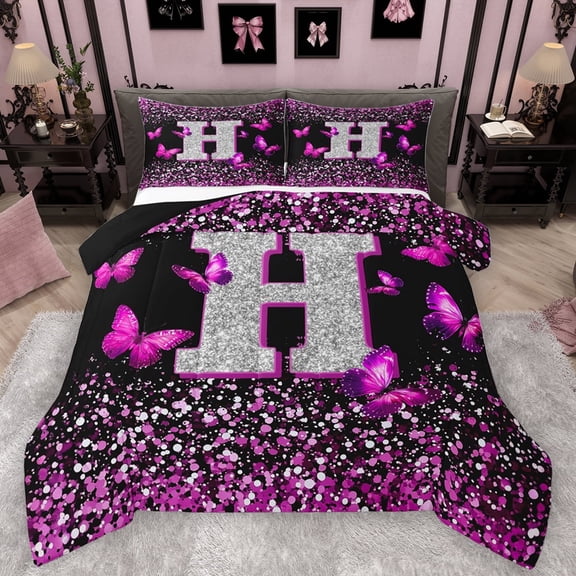 Feelyou Fashion Monogrammed H Bedding Comforter Set, Bling Butterfly Animal Twin Comforter Sets, Black Pink Sequin Print Reversible Bedding Set, Ultra Soft Bedroom Decor, 2-Piece