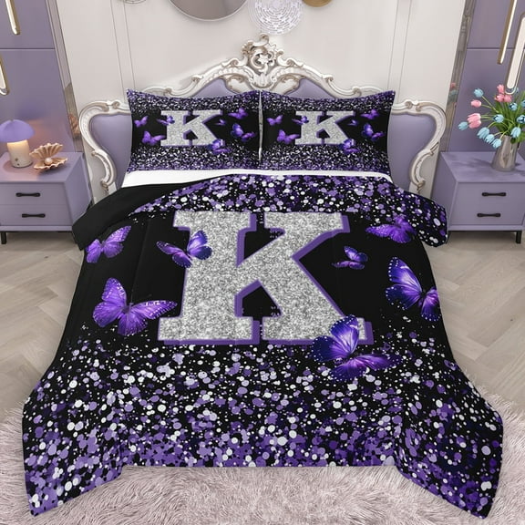 Feelyou Fashion Monogrammed K Bedding Comforter Set, Bling Butterfly Animal Twin Comforter Sets, Black Purple Sequin Print Reversible Bedding Set, Breathable Home Decor, 2-Piece