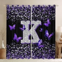 Feelyou Fashion Monogrammed K Black Out Curtains, Bling Butterfly Animal Curtains Pack of 2 (42x63 Each), Black Purple Sequin Print Bedroom Curtains, Living Room Curtains Decor