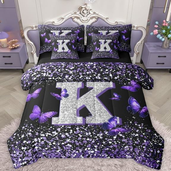 Feelyou Fashion Monogrammed K Twin Bedding Sets 7-Piece, Bling Butterfly Animal Bedding Comforter Set, Black Purple Sequin Print Reversible Sheet Sets, Breathable Home Decor