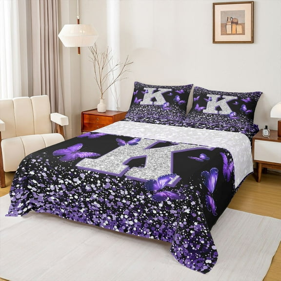 Feelyou Fashion Monogrammed K Twin Sheet Sets, Bling Butterfly Animal Twin Fitted Sheet, Black Purple Sequin Print Flat Sheet, Breathable Home Decor, 3-Piece