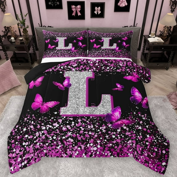 Feelyou Fashion Monogrammed L Bedding Comforter Set, Bling Butterfly Animal Twin Comforter Sets, Black Pink Sequin Print Reversible Bedding Set, Luxury Bedroom Decor, 2-Piece