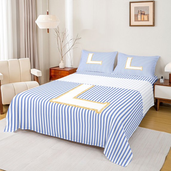 Feelyou Fashion Monogrammed L Full Size Sheets for Girl, Modern Abstract Lines Bed Sheets, Cute Cartoon Sheet Sets, Ultra Soft Bedroom Decor, 4 Pieces