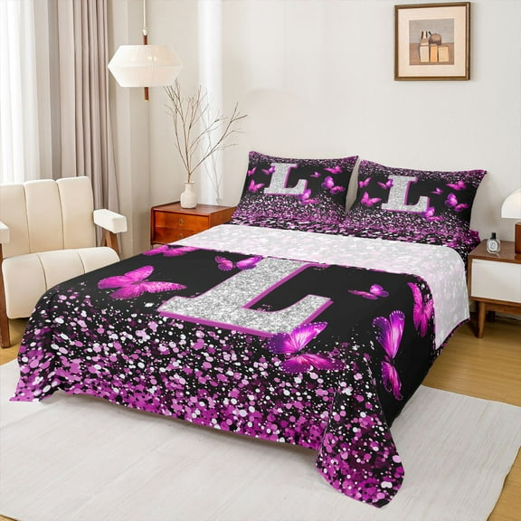 Feelyou Fashion Monogrammed L Twin Sheet Sets, Bling Butterfly Animal Twin Fitted Sheet, Black Pink Sequin Print Flat Sheet, Luxury Bedroom Decor, 3-Piece