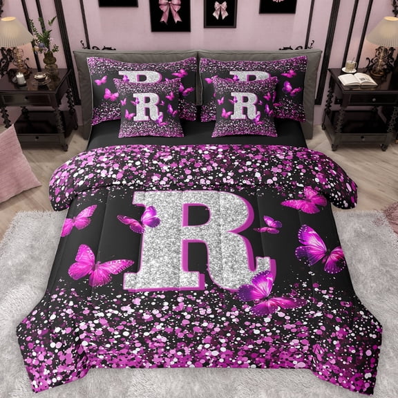 Feelyou Fashion Monogrammed R Bedding Comforter Set 7 Pieces, Bling Butterfly Animal Full Bedding Set, Black Pink Sequin Print Reversible Fitted Sheet Flat Sheet, Luxury Bedroom Decor